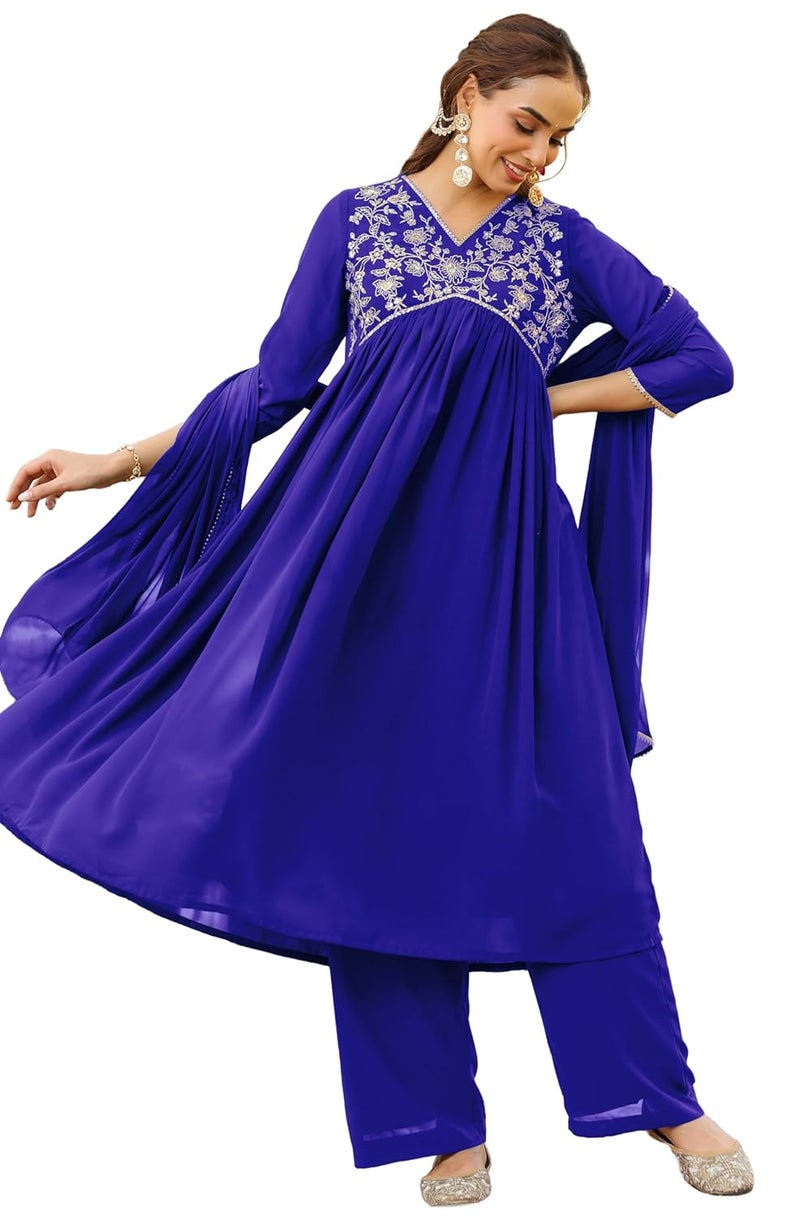 Janasya Women's Royal Blue Georgette Zari Yoke Embroidered A-line Kurta with Palazzo & Dupatta Set - Image 1